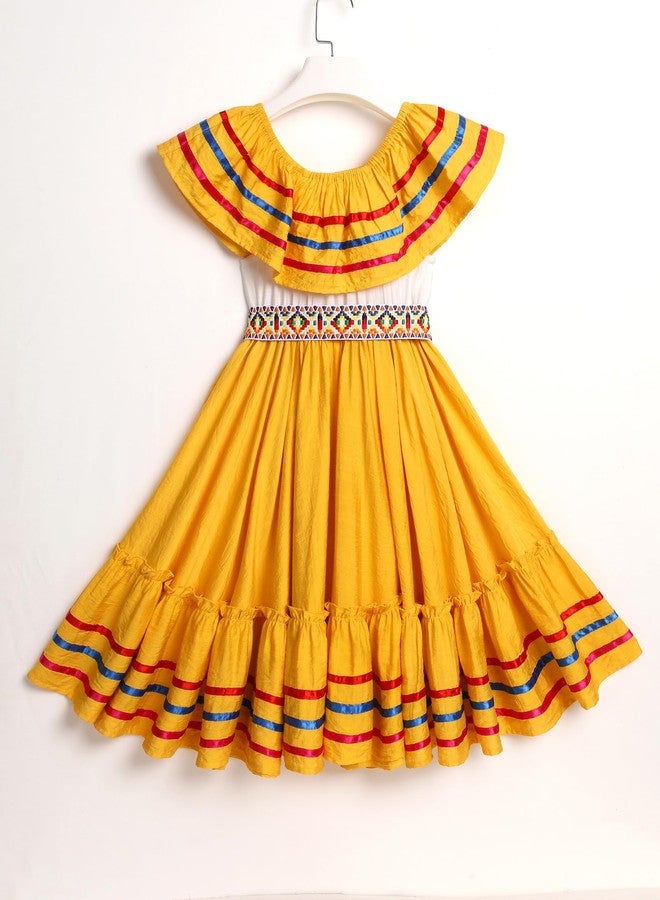 ODIZLI Mexican Dress for Girls - Folklorico Cinco de Mayo Fiesta Dress - Toddler Off-Shoulder Traditional - Little Girls Flamenco Ruffle Drape A Line Dress - Yellow 7-8 Years - Image 4